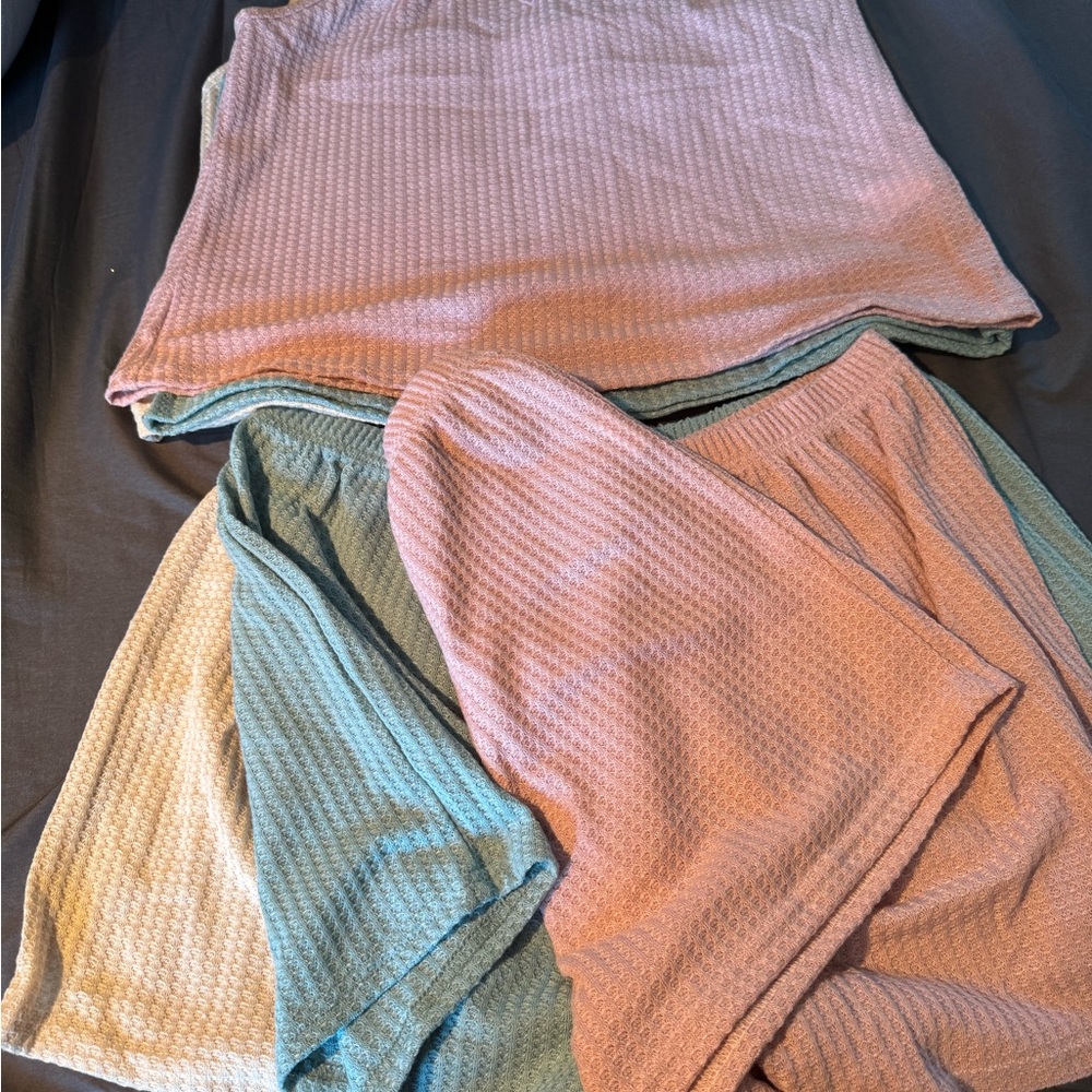 Waffle Knit Lounge Set in Pink, Green, and Cream